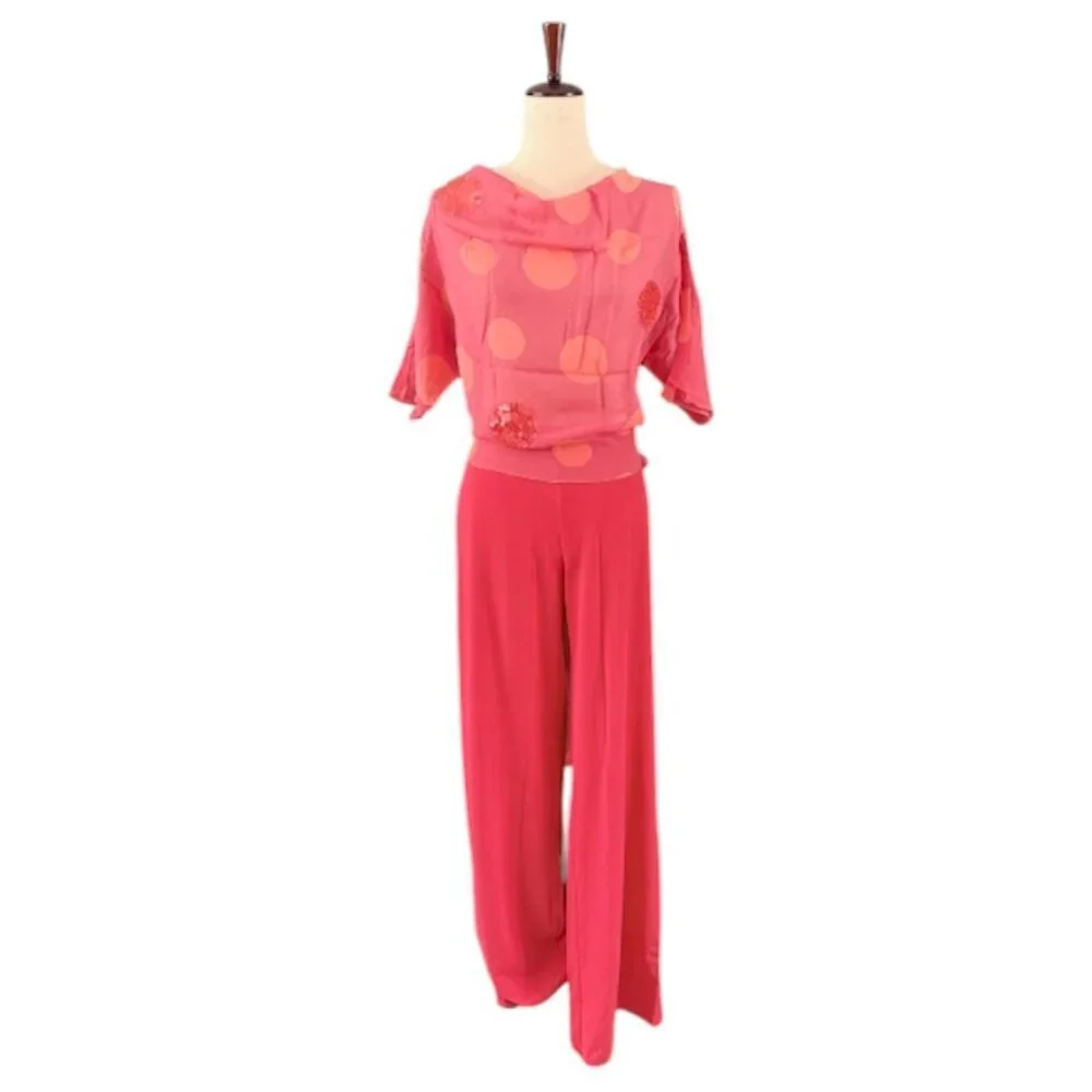 Genny Women's Pink Coral Sequin Top and Pants Set Made in Italy Designer 12 EUC